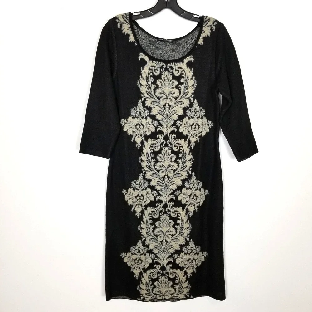 Peruvian Connection Women Damask Pima Cotton Knit Dress Sz S Black‎ Beige